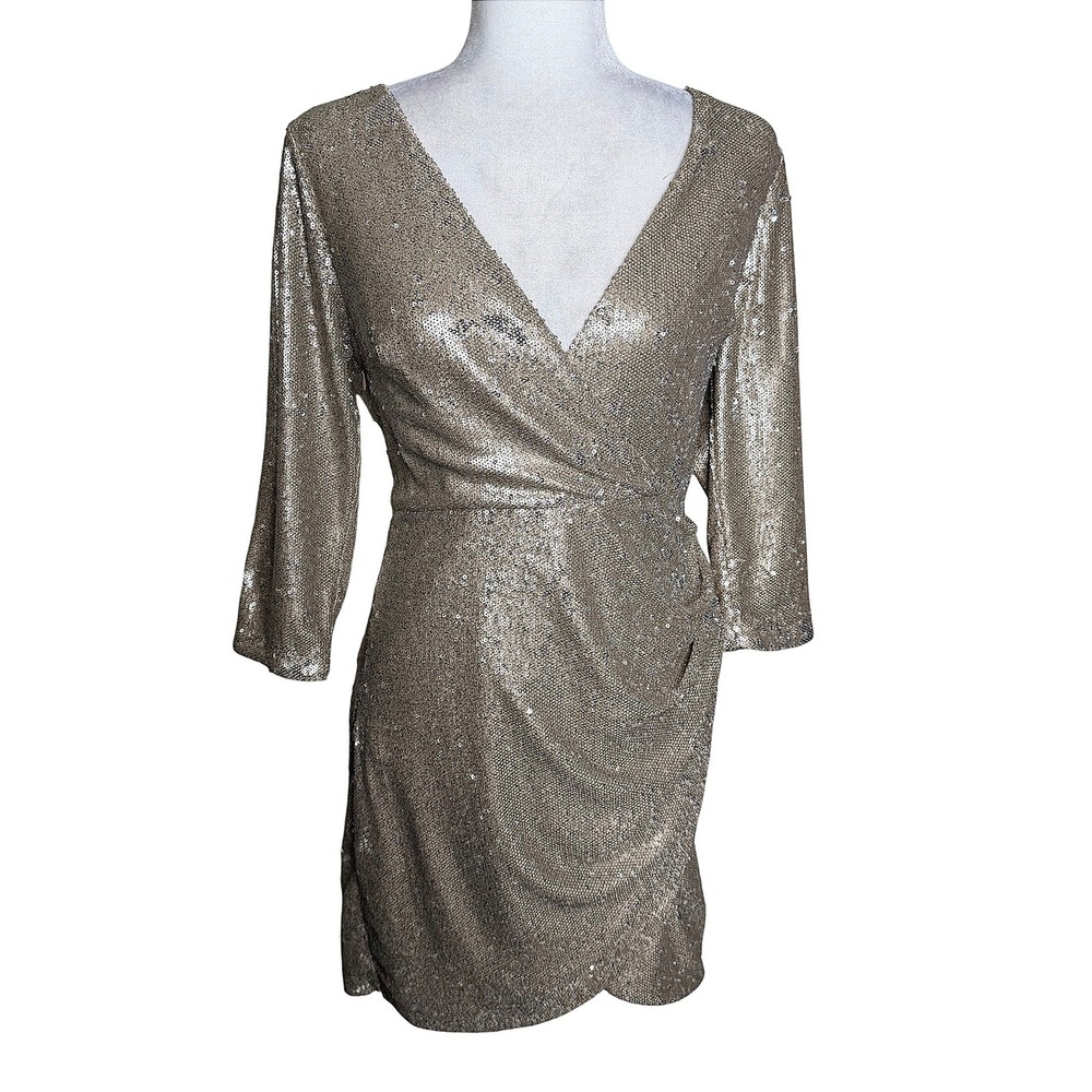 Lulus Gold Sequin Faux Wrap Dress V-Neck 3/4 Sleeve Medium Wedding Guest Party
